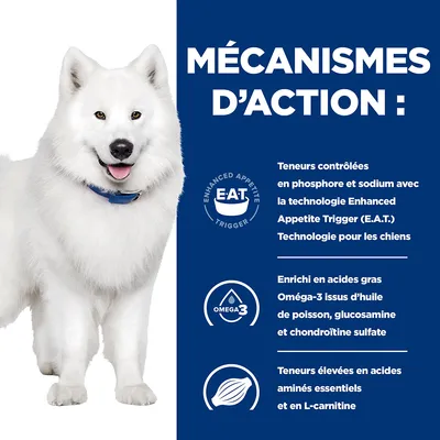 Mécanismes d’action : teneurs contrôlées en phosphore et sodium avec technologie E.A.T., enrichi en Oméga-3, glucosamine, chondroïtine, acides aminés essentiels et L-carnitine. Texte en fr_BE.