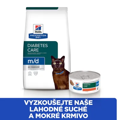 Hill's Prescription Diet Diabetes Care m/d pre mačky, balenie suchého a mokrého krmiva s obrázkom mačky. Text: Vyskúšejte naše lahodné suché a mokré krmivo.