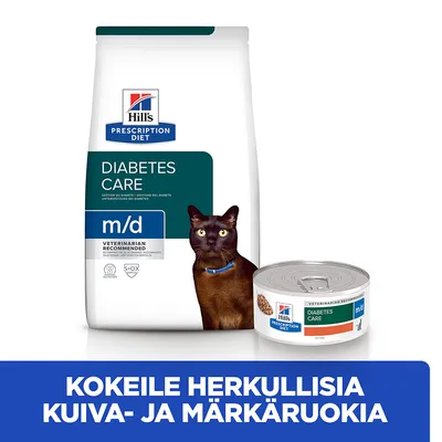 Hill's Prescription Diet Diabetes Care m/d kissan kuivaruoka ja märkäruoka, pakkauksissa näkyy ruskea kissa. Teksti: Kokeile herkullisia kuiva- ja märkäruokia.