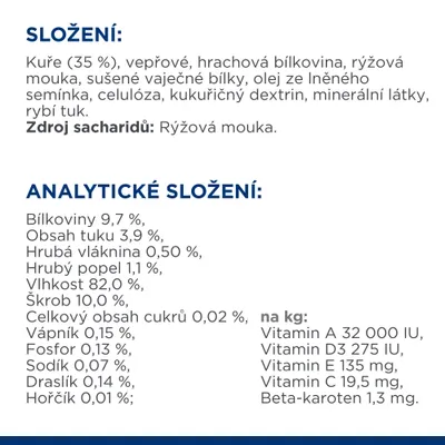 Složení: kuře 35 %, vepřové, hrachová bílkovina, rýžová mouka, další složky. Analytické složení: bílkoviny 9,7 %, tuk 3,9 %, vláknina 0,5 %, vitaminy A, D3, E, C, beta-karoten.