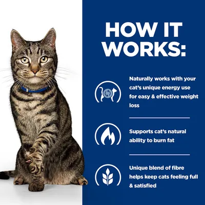 How it works: naturally works with your cat’s unique energy use for weight loss, supports natural fat burning, and a unique fibre blend helps cats feel full and satisfied.
