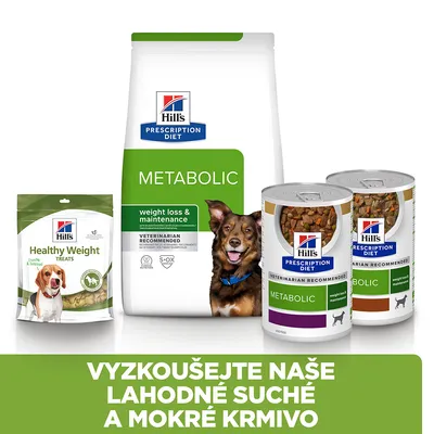 Hill's Prescription Diet Metabolic suché a mokré krmivo pre psov, Healthy Weight pochúťky. Text: Vyskúšajte naše lahodné suché a mokré krmivo.