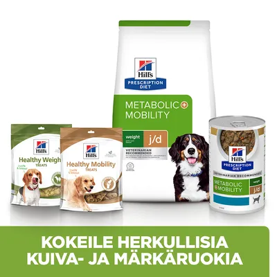 Hill's Prescription Diet Metabolic + Mobility -koiranruokapakkaus, Healthy Weight Treats ja Healthy Mobility Treats -herkkupussit sekä Metabolic + Mobility -märkäruokapurkki. Teksti: KOKEILE HERKULLISIA KUIVA- JA MÄRKÄRUOKIA