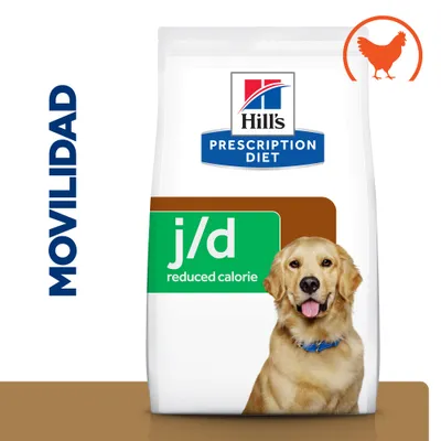 Hill's Prescription Diet j/d reduced calorie, envase con imagen de perro y símbolo de pollo. Texto visible: MOVILIDAD.