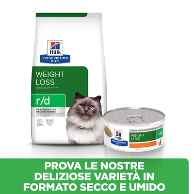 Hill's Prescription Diet Weight Loss r/d per gatti, confezione di crocchette e lattina. Testo: Prova le nostre deliziose varietà in formato secco e umido.