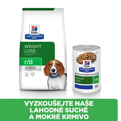 Hill's Prescription Diet Weight Loss r/d suché a mokré krmivo, nápis: VYZKOUŠEJTE NAŠE LAHODNÉ SUCHÉ A MOKRÉ KRMIVO