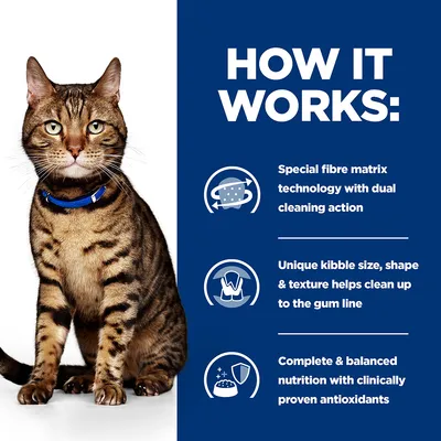 How it works: special fibre matrix technology with dual cleaning action, unique kibble size, shape and texture helps clean up to the gum line, complete and balanced nutrition.