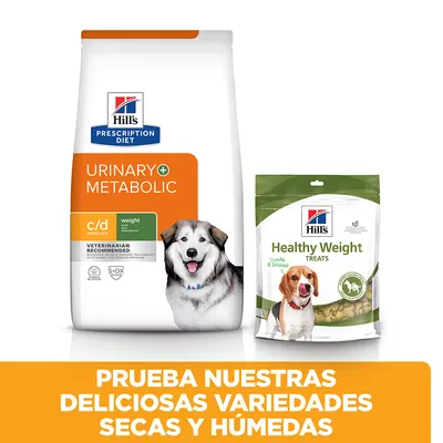 Pienso Hill's Prescription Diet Urinary + Metabolic c/d multicare y snacks Hill's Healthy Weight Treats para perros. Texto: Prueba nuestras deliciosas variedades secas y húmedas.