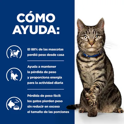 Texto: Cómo ayuda. El 88% de las mascotas perdió peso desde casa. Ayuda a mantener la pérdida de peso y proporciona energía para la actividad diaria. Pérdida de peso fácil: los gatos pierden peso sin reducir en exceso el tamaño de las porciones.