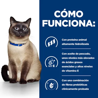 Cómo funciona: con proteína animal altamente hidrolizada, aceite de pescado con ácidos grasos esenciales y vitamina E, combinación de fibras prebióticas clínicamente probada.