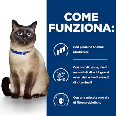 COME FUNZIONA: Con proteine animali idrolizzate, con olio di pesce, livelli aumentati di acidi grassi essenziali e vitamina E, con una miscela provata di fibre prebiotiche. Gatto visibile.