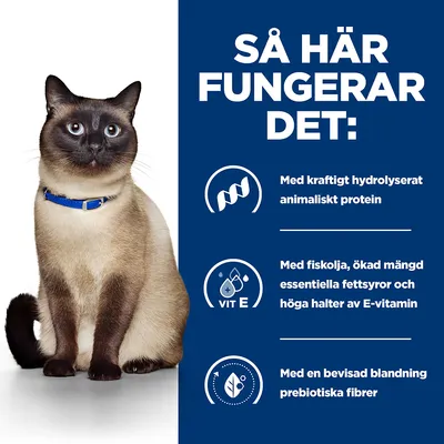 Så här fungerar det: Med kraftigt hydrolyserat animaliskt protein. Med fiskolja, ökad mängd essentiella fettsyror och höga halter av E-vitamin. Med en bevisad blandning prebiotiska fibrer.