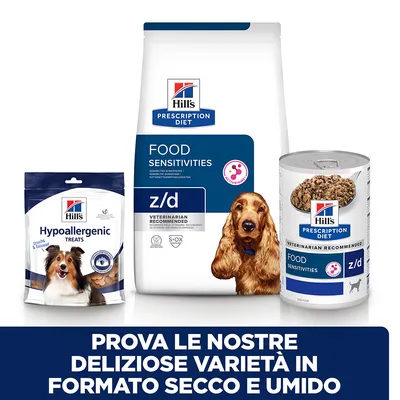 Hill's Prescription Diet Food Sensitivities z/d secco e umido, snack Hypoallergenic Treats. Testo: Prova le nostre deliziose varietà in formato secco e umido.