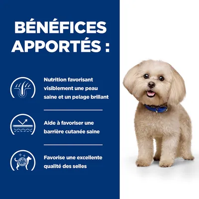 Bénéfices apportés : nutrition favorisant une peau saine et un pelage brillant, aide à favoriser une barrière cutanée saine, favorise une excellente qualité des selles.