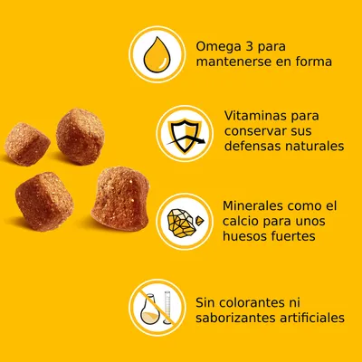 Omega 3 para mantenerse en forma, vitaminas para conservar sus defensas naturales, minerales como el calcio para unos huesos fuertes, sin colorantes ni saborizantes artificiales.