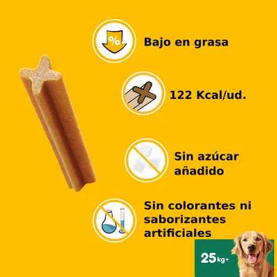 Texto em espanhol: Bajo en grasa, 122 Kcal/ud., Sin azúcar añadido, Sin colorantes ni saborizantes artificiales. Indicação de peso: 25 kg+. Imagem de snack para cão.