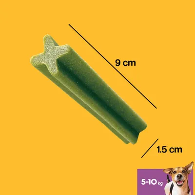 Snack verde em forma de cruz, com 9 cm de comprimento e 1,5 cm de largura. Canto inferior direito: imagem de cão e texto '5–10 kg'.