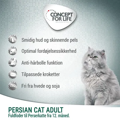 CONCEPT FOR LIFE. Smidig hud og skinnende pels, optimal fordøjelsessikkerhed, anti-hårbolle funktion, tilpassede kroketter, fri fra hvede og soja. PERSIAN CAT ADULT fuldfoder til perserkatte fra 12. måned.