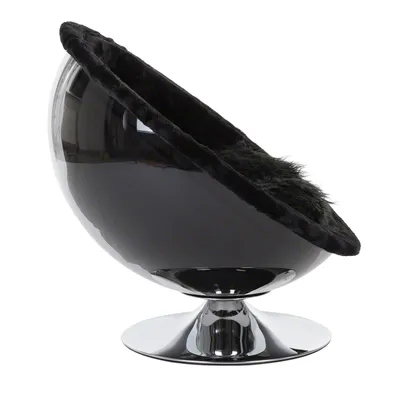 Black, semi-circular pet armchair with shiny chrome base and soft plush upholstery.