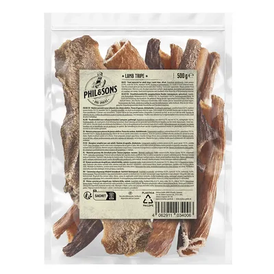 Phil & Sons dog snacks, lamb tripe, 500g. Ingredients: dried lamb tripe. Packaging with product information in multiple languages and visible barcode.