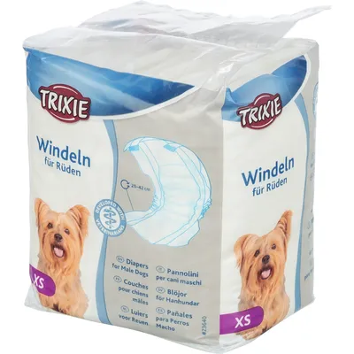 Embalagem de fraldas para cães machos Trixie XS, circunferência 20–42 cm, inclui imagem de cão pequeno e texto multilingue: Diapers for Male Dogs, Windeln für Rüden.