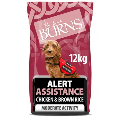 Burns Alert Assistance Chicken & Brown Rice, 12kg. For moderate activity. Support animal vest shown on pet. Key features: alert assistance, chicken and brown rice.