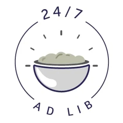 24/7 AD LIB con ciotola di cibo illustrata. Testo in inglese visibile nell'immagine.