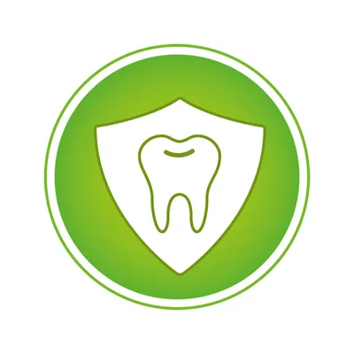 Εικονίδιο δοντιού μέσα σε ασπίδα, πράσινος κύκλος φόντου. Δεν περιέχει κείμενο ή μάρκα.