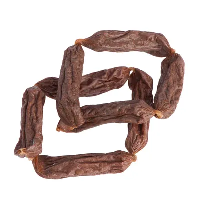 Several brown, dried sausages in a chain, suitable as a snack or reward for pets.