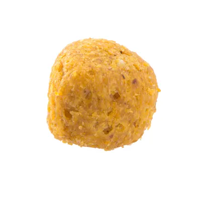 Croqueta individual de pienso para mascotas, color marrón claro y textura granulada, mostrada en primer plano sobre fondo blanco.