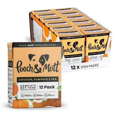 Pooch & Mutt chicken, pumpkin and pea complete wet food, grain free, junk free, 12 pack of 375g. Features prebiotics for digestion, natural and fresh ingredients.