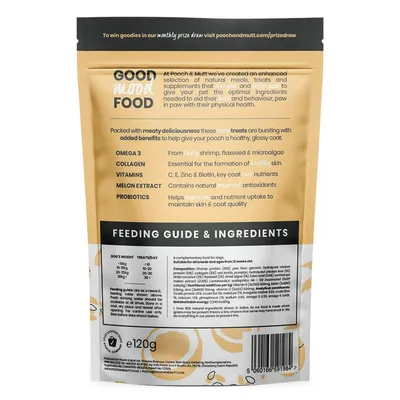Product packaging showing feeding guide, ingredients list, and key benefits including omega 3, collagen, vitamins, melon extract, and probiotics for healthy skin and coat.
