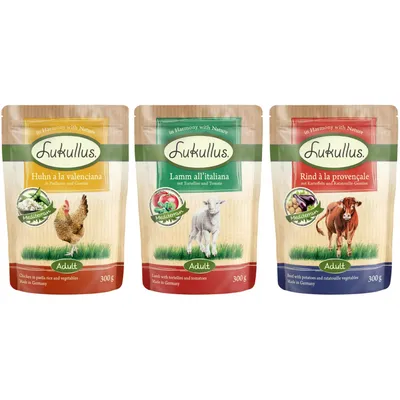 Lukullus Nassfutter für Hunde, Sorten: Huhn a la valenciana, Lamm all’italiana, Rind à la provençale, jeweils 300g, Made in Germany.