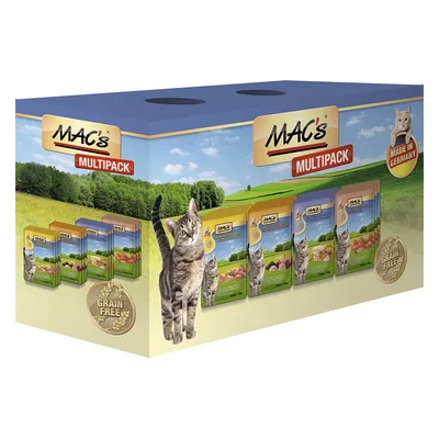 MAC's Multipack, sachets pour chat, mention Grain Free et Made in Germany visibles sur l’emballage. Plusieurs variétés illustrées à l’avant du pack. MAC's Multipack, sachets pour chat, mention Grain Free et Made in Germany visibles sur l’emballage. Plusieurs variétés illustrées à l’avant du pack.