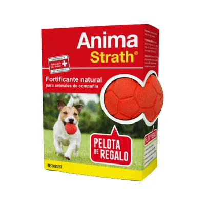 Embalagem Anima Strath Fortificante natural para animais de companhia. Texto visível: 'Pelota de regalo', 'Energía y vitalidad'. Bola vermelha incluída na embalagem.