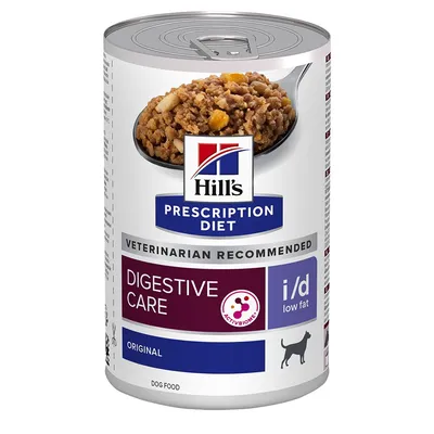 Hill's Prescription Diet Digestive Care i/d low fat Original, cibo umido per cani. Testo visibile: VETERINARIAN RECOMMENDED, ACTIVBIOME+. Immagine del prodotto in scatola.