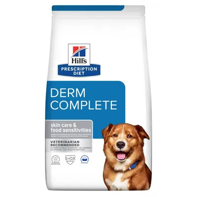 Hill's Prescription Diet Derm Complete, skin care & food sensitivities, veterinarian recommended, S+OX Shield, Clinical Nutrition, Original. Hond zichtbaar op verpakking.
