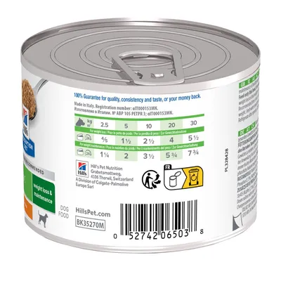 Hill's Dog Food Dose mit Fütterungstabelle für Gewichtskontrolle und -erhaltung, Angaben in kg und Dosen pro Tag. Hergestellt in Italien, Registrierungsnummer aIT000153MN.