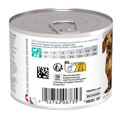 Hill's konzerv kutyaeledel hátoldala, etetési útmutató: 1,5–10 kg testsúlyhoz ⅔–3 adag, vonalkód, Hill's Pet Nutrition cím, QR-kód, újrahasznosítási ikonok láthatók.