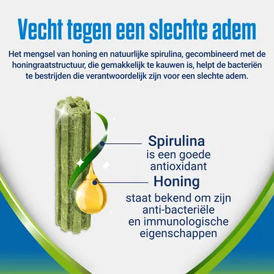 Vecht tegen een slechte adem. Spirulina is een goede antioxidant. Honing staat bekend om zijn anti-bacteriële en immunologische eigenschappen. Afbeelding van groene kauwstaaf.