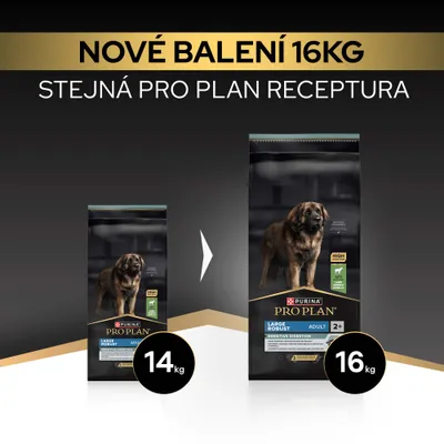 Purina Pro Plan Large Robust Adult Sensitive Digestion teraz v novom 16,kg balení namiesto 14,kg, rovnaká receptúra. Purina Pro Plan Large Robust Adult Sensitive Digestion teraz v novom 16,kg balení namiesto 14,kg, rovnaká receptúra.