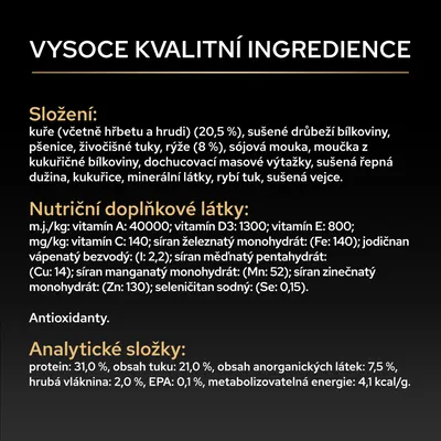 Složení: kuře, sušené drůbeží proteiny, pšenice, živočišné tuky, rýže, sójová mouka, kukuřičný protein, maso a minerální látky. Analytické složky: protein 31 %, tuk 21 %.