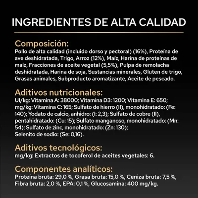 Lista de ingredientes: pollo, arroz, maíz, soja, minerales. Nutrientes: proteína 29%, grasa 15%, fibra bruta 2%, EPA 0,1%, glucosamina 400 mg/kg. Vitaminas y aditivos enumerados. Lista de ingredientes: pollo, arroz, maíz, soja, minerales. Nutrientes: proteína 29%, grasa 15%, fibra bruta 2%, EPA 0,1%, glucosamina 400 mg/kg. Vitaminas y aditivos enumerados.