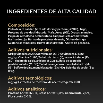 Lista de ingredientes y valores de análisis: composición, aditivos nutricionales, aditivos tecnológicos y componentes analíticos con porcentajes exactos. Lista de ingredientes y valores de análisis: composición, aditivos nutricionales, aditivos tecnológicos y componentes analíticos con porcentajes exactos.