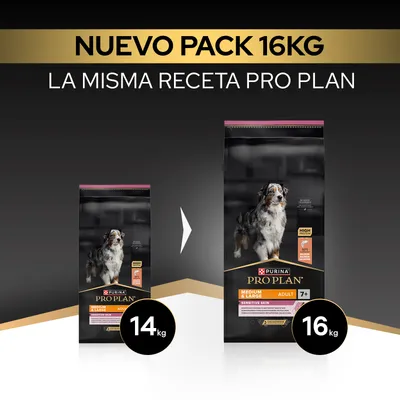 Purina Pro Plan Medium & Large Adult Sensitive Skin ahora en el nuevo paquete de 16, kg, antes 14, kg. Misma receta. Purina Pro Plan Medium & Large Adult Sensitive Skin ahora en el nuevo paquete de 16, kg, antes 14, kg. Misma receta.