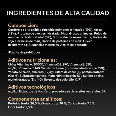 Ingredientes: cordero, arroz, proteína de ave, maíz, grasas animales, pulpa de remolacha, soja, minerales, aceite de pescado. Vitaminas A, D3, E, C; hierro, yodo, cobre, manganeso, zinc, selenio. Proteína 26%.