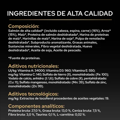 Lista de ingredientes: salmón, arroz, maíz, harina de soja, pulpa de remolacha, grasas animales, minerales. Nutrientes: proteína 27%, grasa 13%, ceniza 7,5%, fibra 3%. Vitaminas y aditivos enumerados. Lista de ingredientes: salmón, arroz, maíz, harina de soja, pulpa de remolacha, grasas animales, minerales. Nutrientes: proteína 27%, grasa 13%, ceniza 7,5%, fibra 3%. Vitaminas y aditivos enumerados.