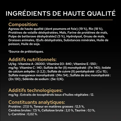 Liste des ingrédients : agneau, riz, protéine de volaille, maïs, pulpe de betterave, huile de poisson, huile de soja. Valeurs nutritionnelles : protéine 27 %, matières grasses 12,5 %, taurine 0,1 %. Vitamines et minéraux indiqués. Liste des ingrédients : agneau, riz, protéine de volaille, maïs, pulpe de betterave, huile de poisson, huile de soja. Valeurs nutritionnelles : protéine 27 %, matières grasses 12,5 %, taurine 0,1 %. Vitamines et minéraux indiqués.