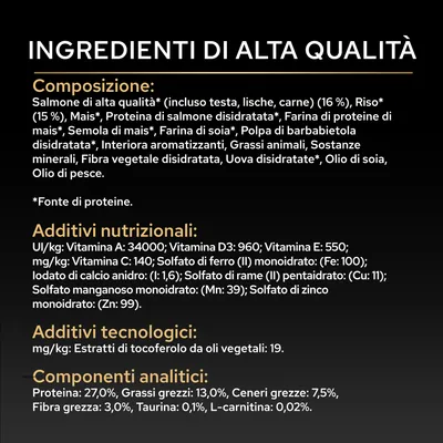 Componenti: salmone, riso, mais, soia, grassi animali, minerali. Nutrienti: proteine 27%, grassi 13%, taurina 0,1%. Vitamine A, D3, E, C e additivi secondo la tabella. Componenti: salmone, riso, mais, soia, grassi animali, minerali. Nutrienti: proteine 27%, grassi 13%, taurina 0,1%. Vitamine A, D3, E, C e additivi secondo la tabella.