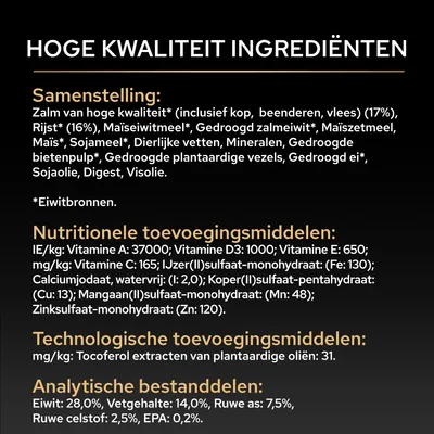 Samenstelling: zalm, rijst, maïseiwit, sojameel, vitamine A, D3, E, C, ijzer, koper, mangaan, zink, tocoferol, eiwit 28%, vet 14%, ruwe as 7,5%.